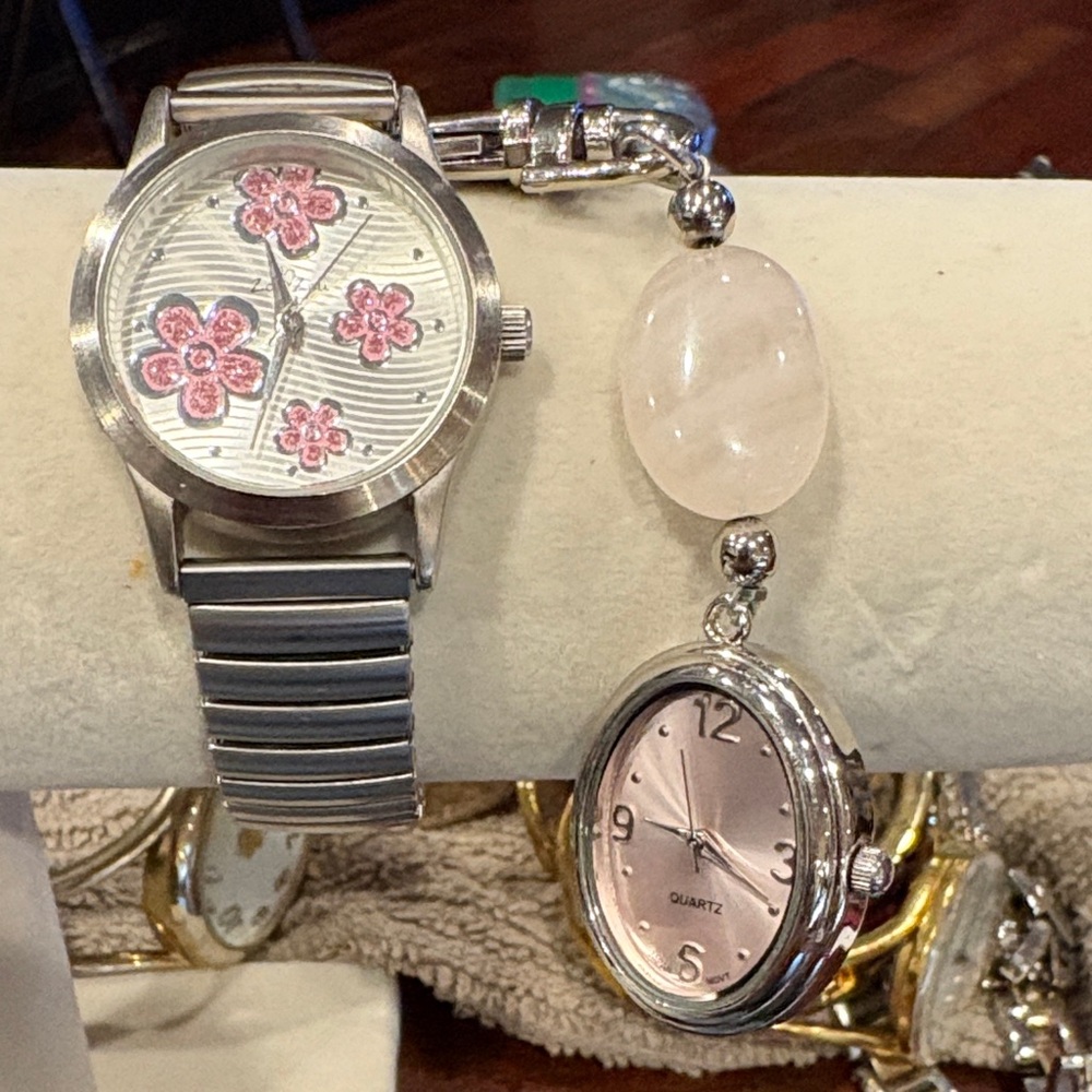 Floral Silver Watch with Charm